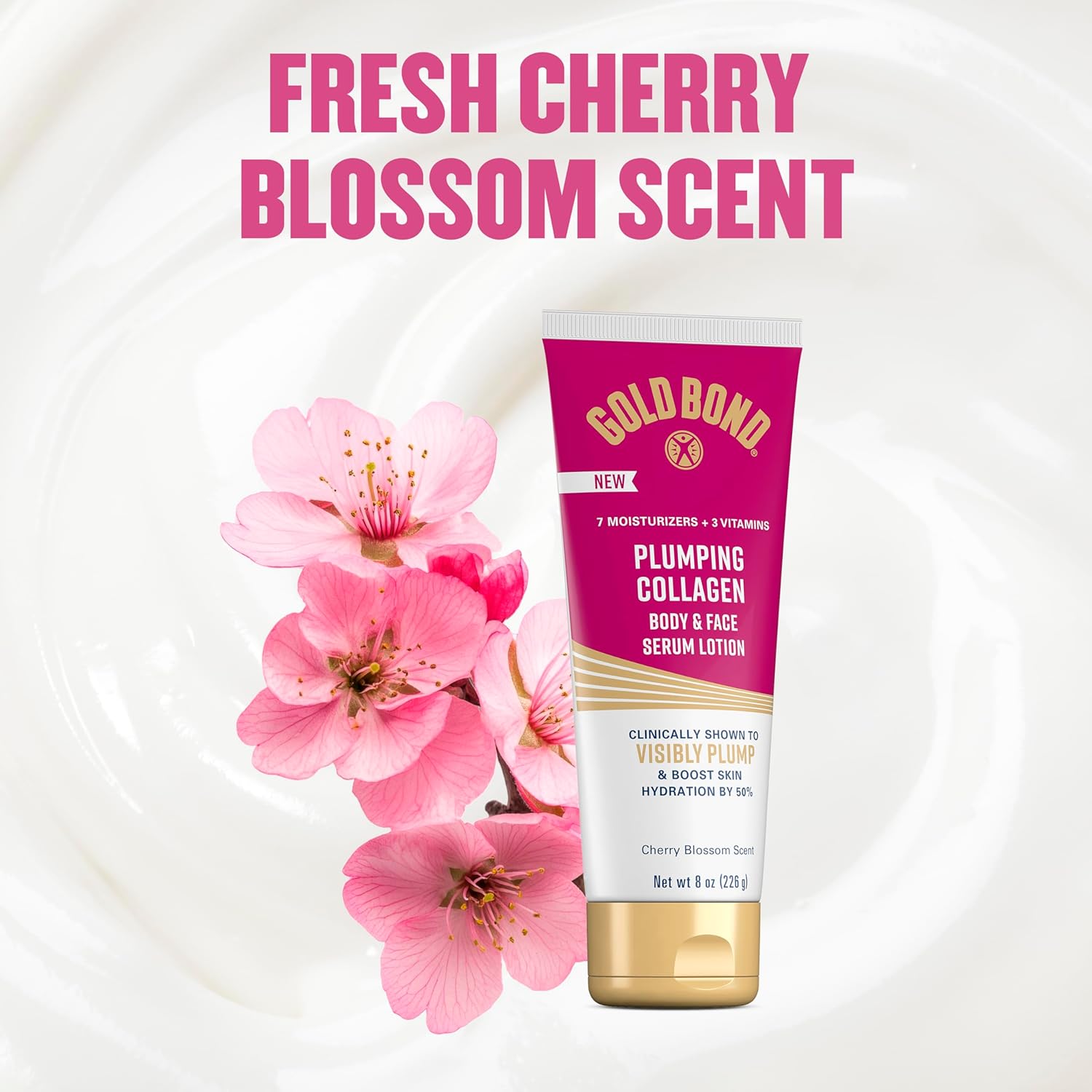 Gold Bond Plumping Collagen Serum Lotion – Mindful Evening Skincare Ritual for Face and Body, 72-Hour Hydration, Cherry Blossom Scent, 8 oz