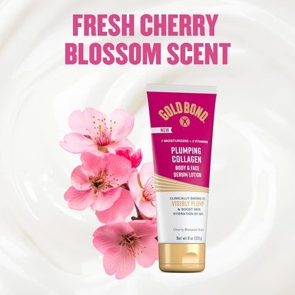 Gold Bond Plumping Collagen Serum Lotion – Mindful Evening Skincare Ritual for Face and Body, 72-Hour Hydration, Cherry Blossom Scent, 8 oz