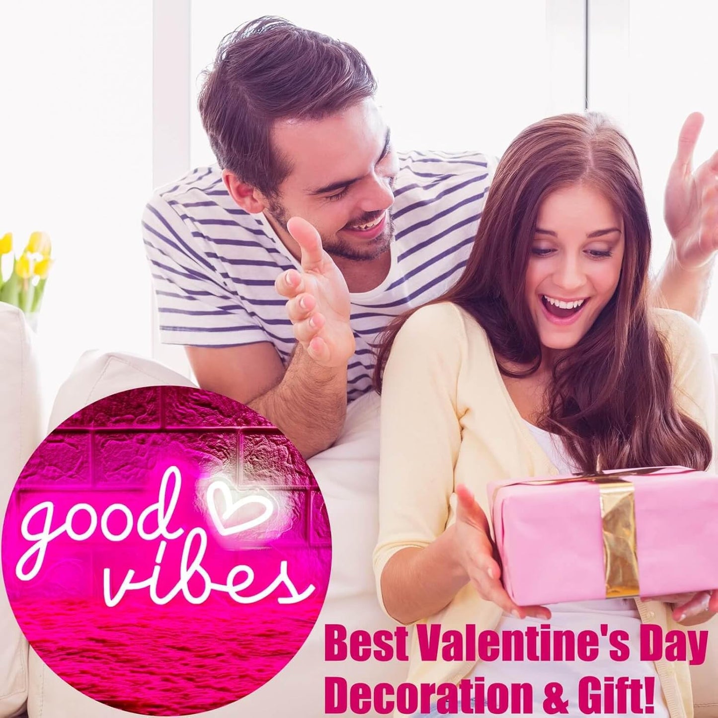 Good Vibes Neon Sign – Romantic Valentine's Day Gift for Girlfriend, Pink Heart LED Wall Decor for Home