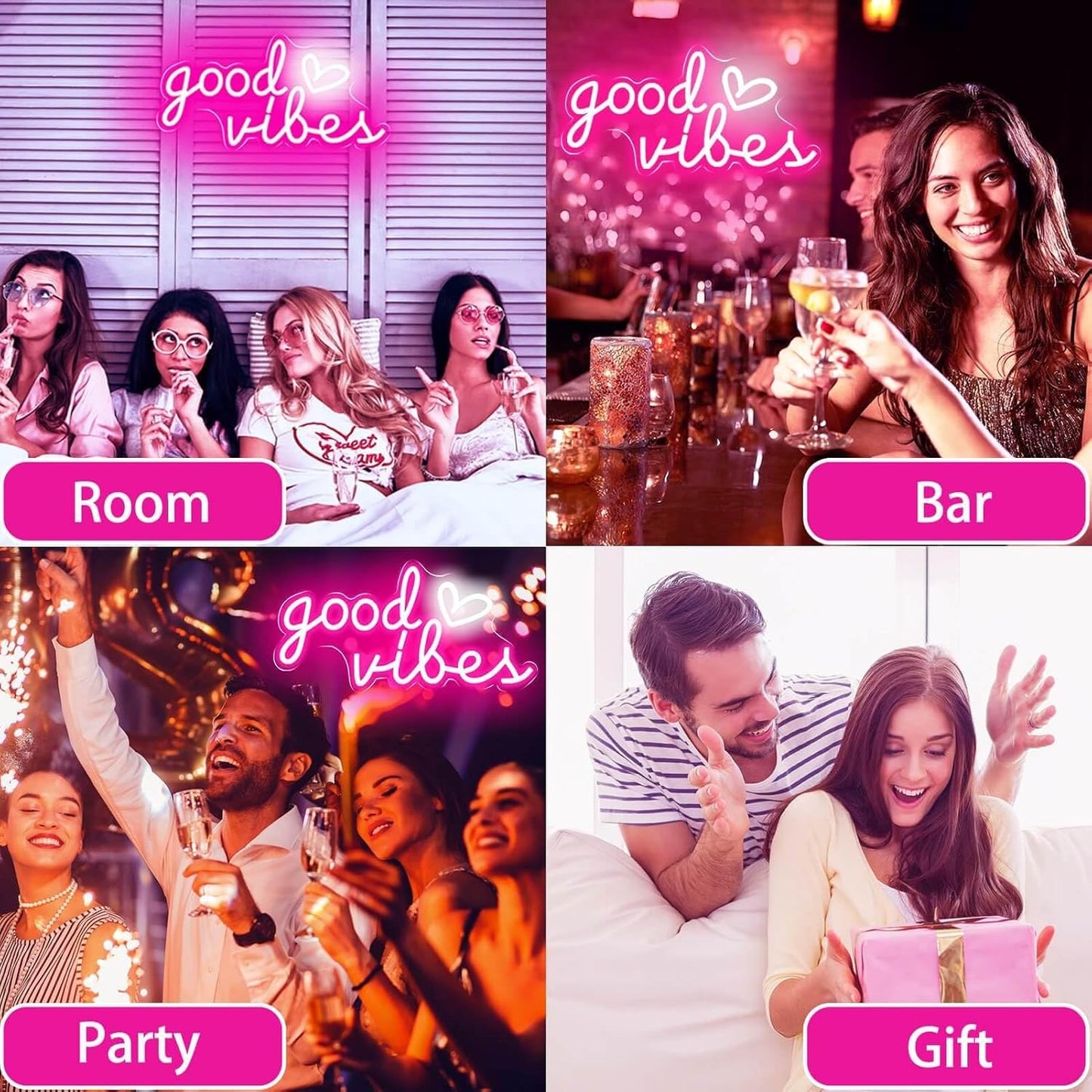 Good Vibes Neon Sign – Romantic Valentine's Day Gift for Girlfriend, Pink Heart LED Wall Decor for Home