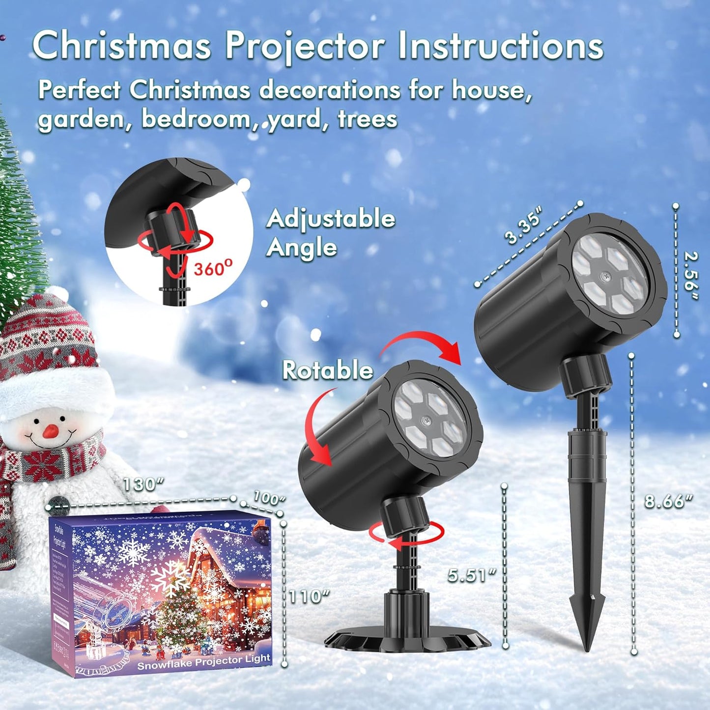 GUSODOR Dynamic Snowflake LED Projector – Camping and Backyard Outdoor Use, IP65 Weatherproof Yard Light