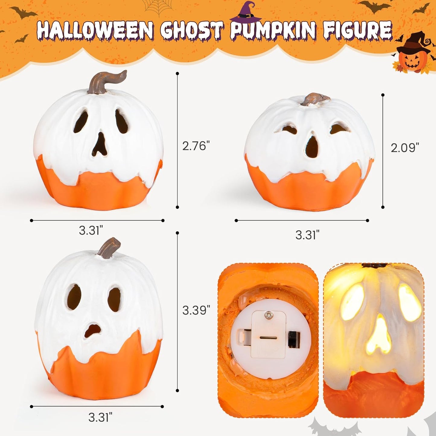 Halloween Decorations Light Up Ghost Pumpkin Set of 3 – Flameless LED Alternative to Candles Around Curtains and Kids