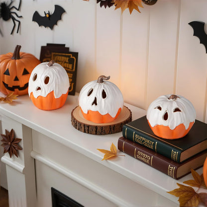 Halloween Decorations Light Up Ghost Pumpkin Set of 3 – Flameless LED Alternative to Candles Around Curtains and Kids