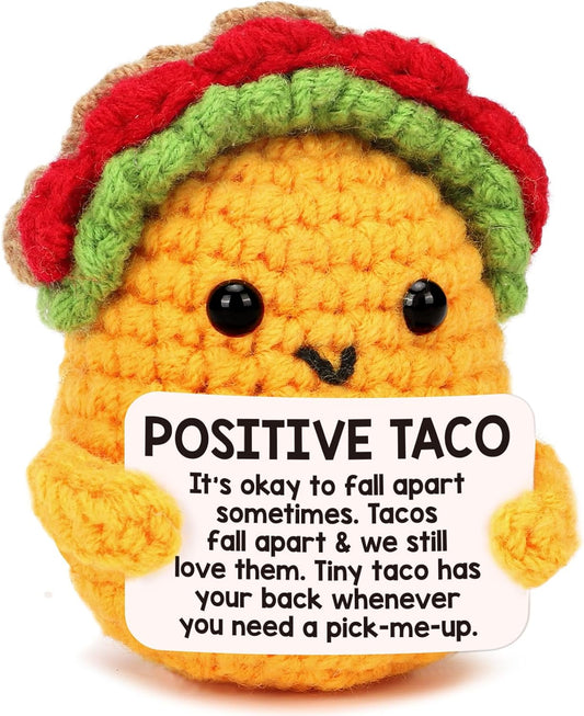 hand-crocheted wool yarn body in taco shape with acrylic outer finish