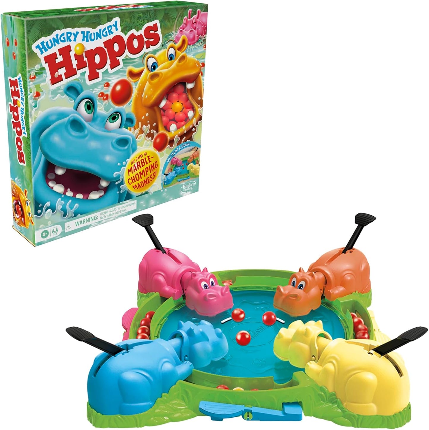 Hasbro Gaming Hungry Hungry Hippos Game – Nostalgic Birthday Gift for 4 Year Old Boy or Girl, Classic Marble Chomping Family Activity