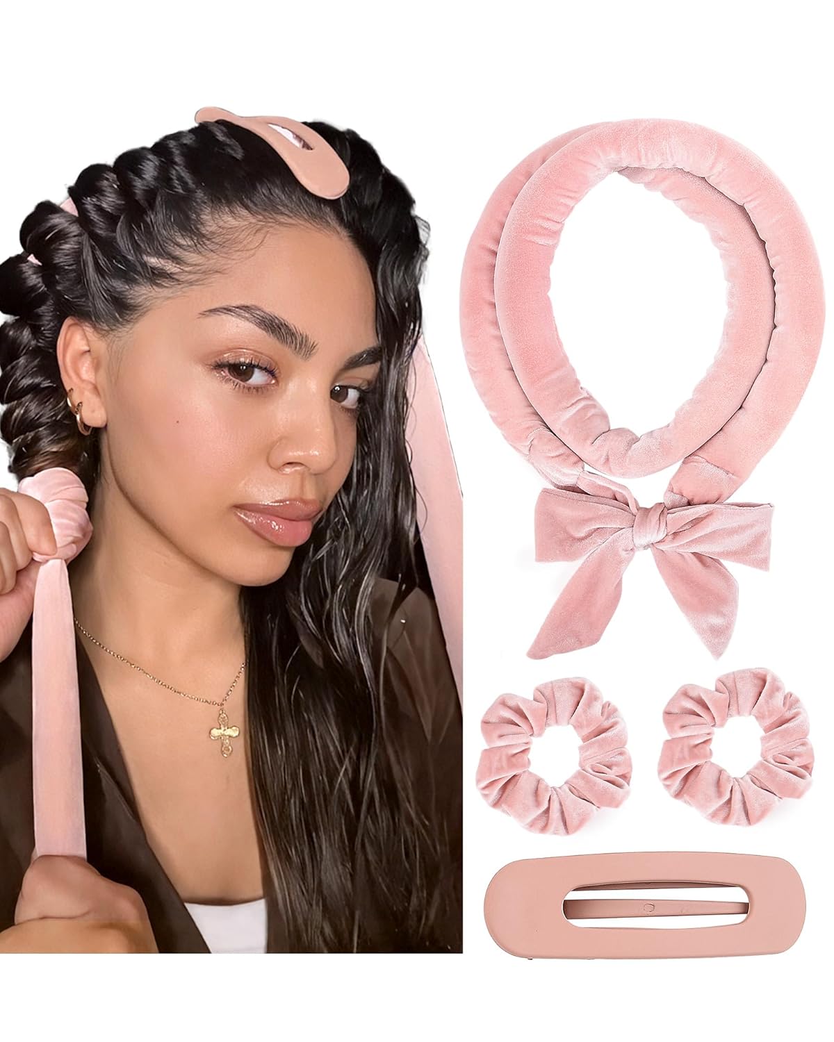 heatless ribbon-wrap curling mechanism (no electricity or hot tools needed)