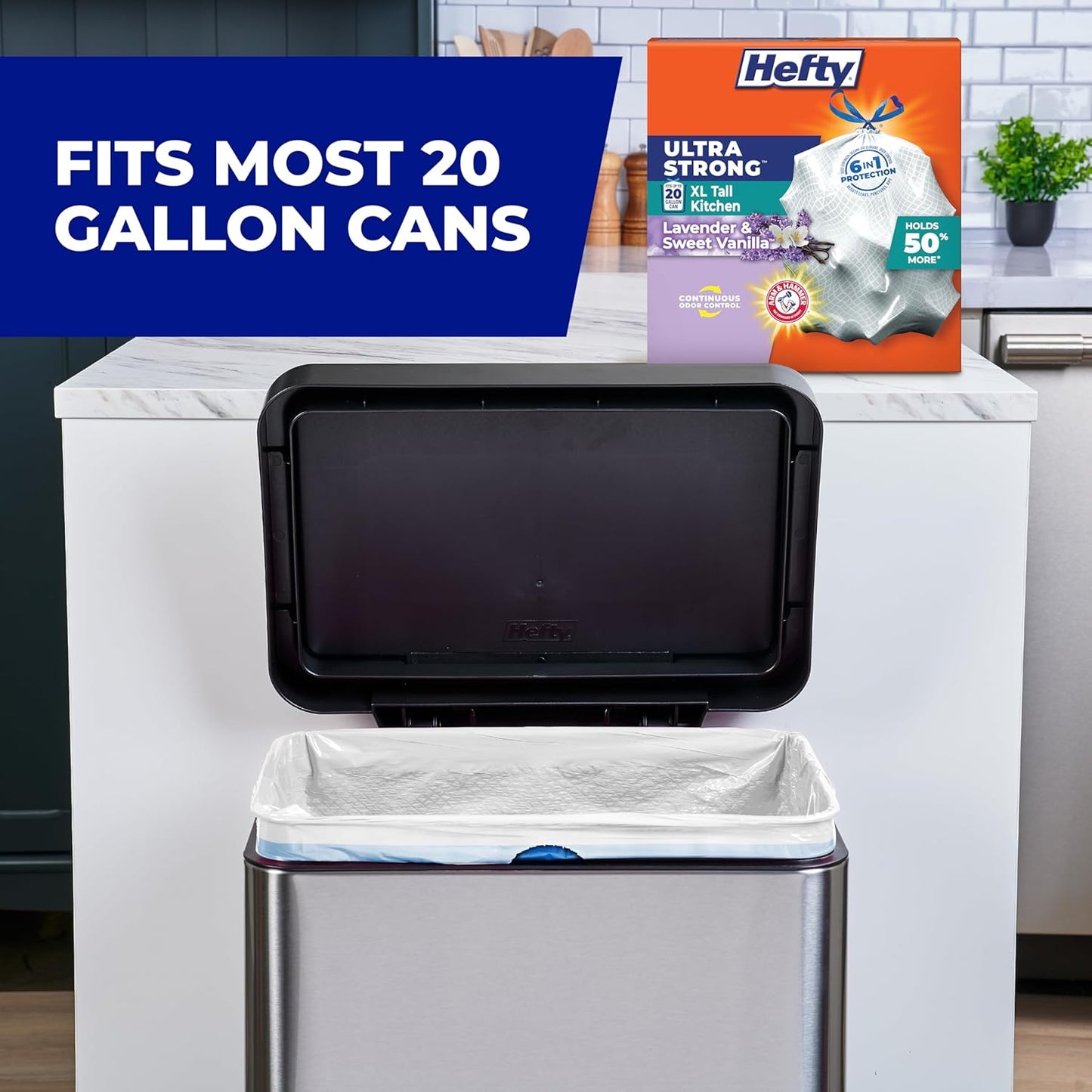 Hefty Ultra Strong 20 Gallon Trash Bags, Lavender & Sweet Vanilla Scent, Drawstring Odor Control Trash Bags for a Calmer Self-Care Kitchen Routine