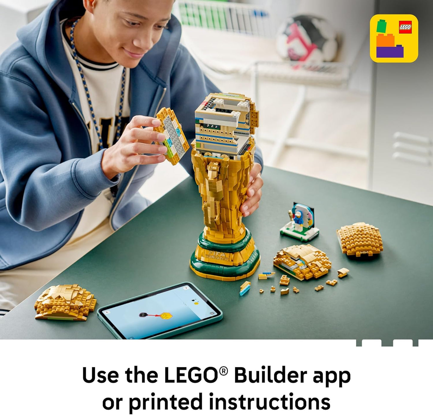 hidden globe compartment that opens to reveal a fifa world cup 2026 branded minifigure with mini trophy