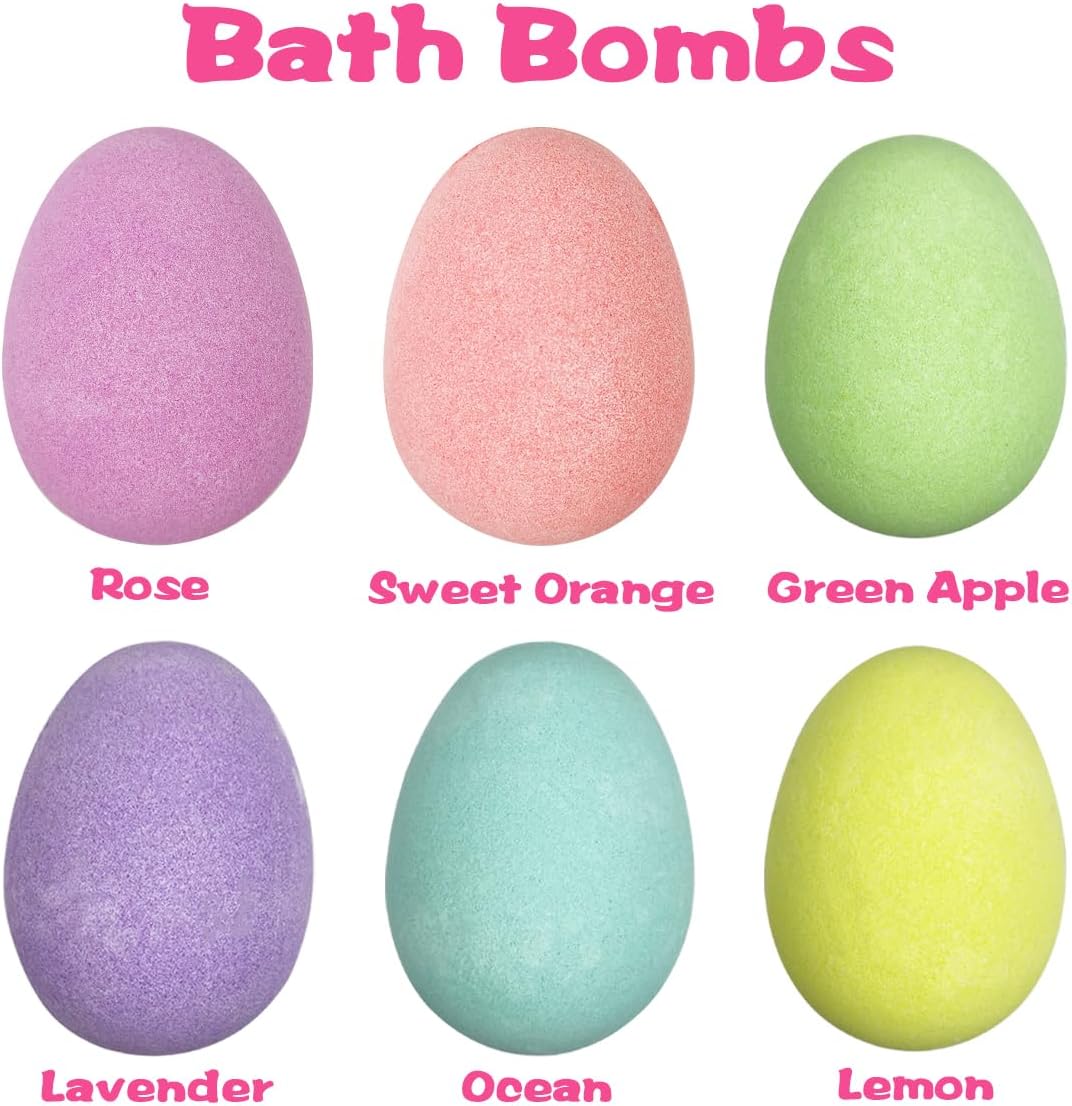 hidden plastic ball containing 1 of 6 easter-themed squishy toys (spring flower, easter egg, easter bunny, easter chick, carrot)