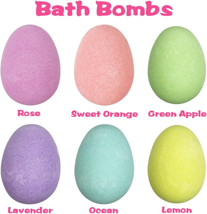 hidden plastic ball containing 1 of 6 easter-themed squishy toys (spring flower, easter egg, easter bunny, easter chick, carrot)