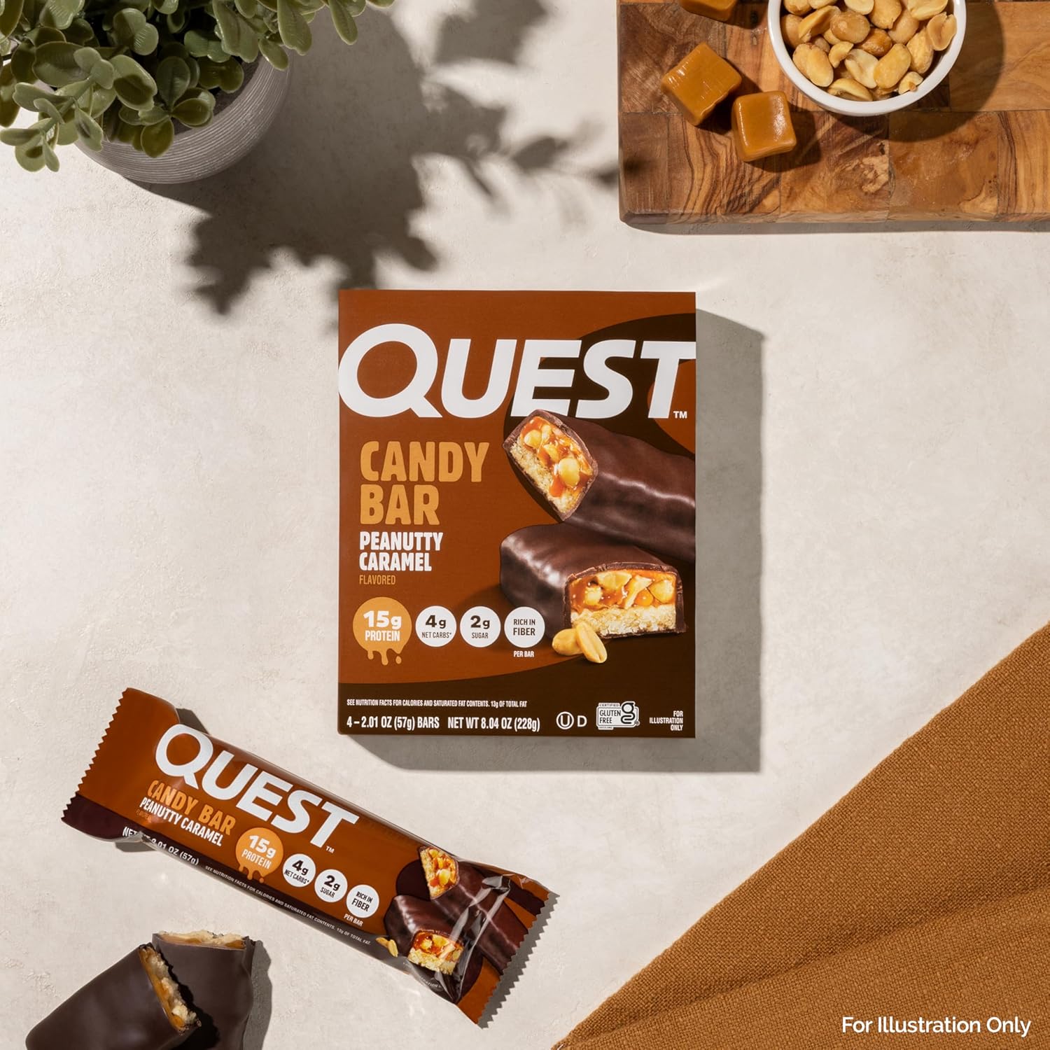 high fiber content with layered candy-bar texture (chocolate, nougat, caramel, peanuts)