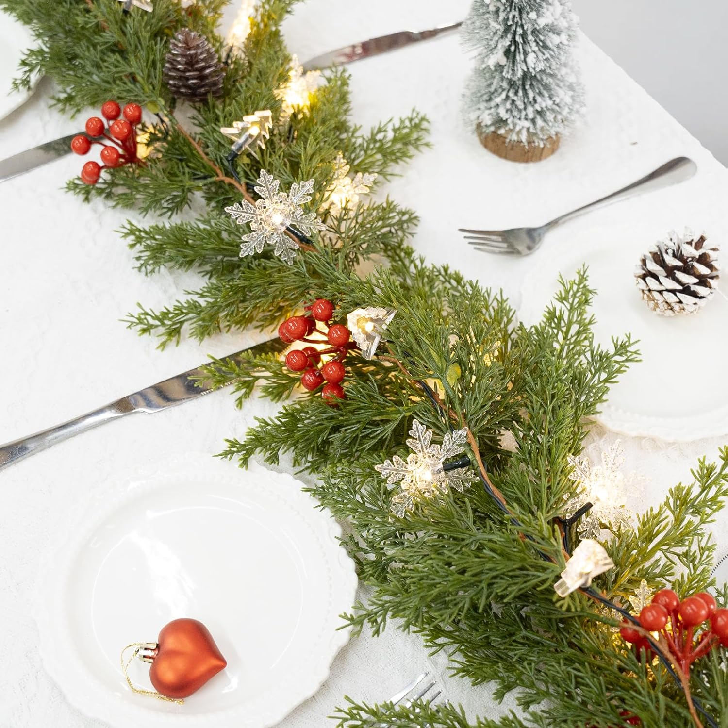 HolyNook Studio 6 FT Garland – Clean Neutral Mantle Decor with Understated Pine Cone and Snowflake LEDs
