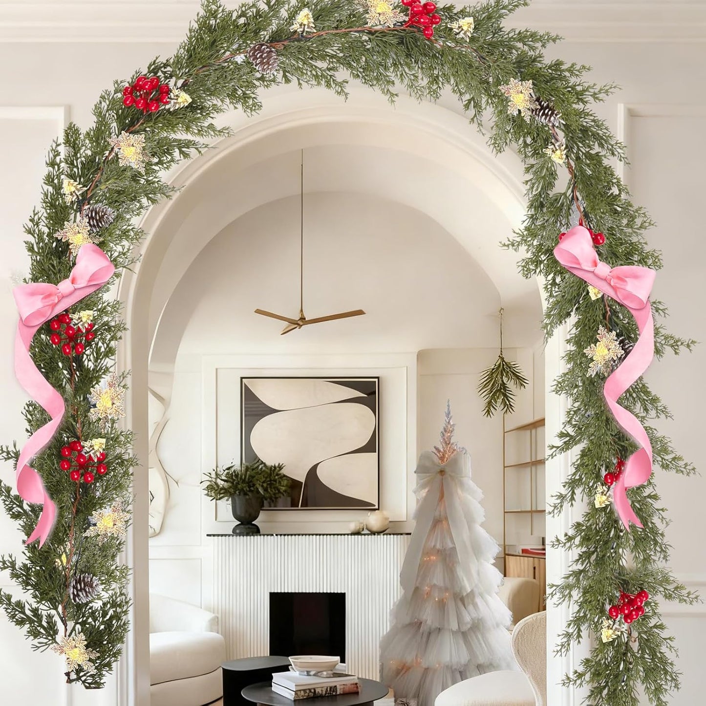HolyNook Studio 6 FT Garland – Clean Neutral Mantle Decor with Understated Pine Cone and Snowflake LEDs