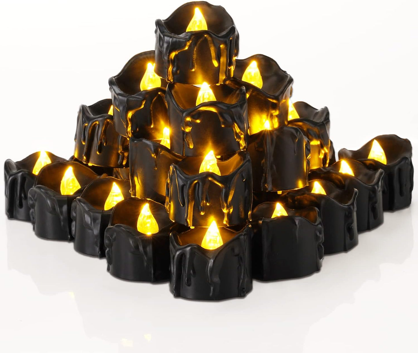 Homemory 24-Pack Flickering Battery Tea Lights – Gothic Black Drip Candles for Haunted House Table Centerpieces & Window Sills