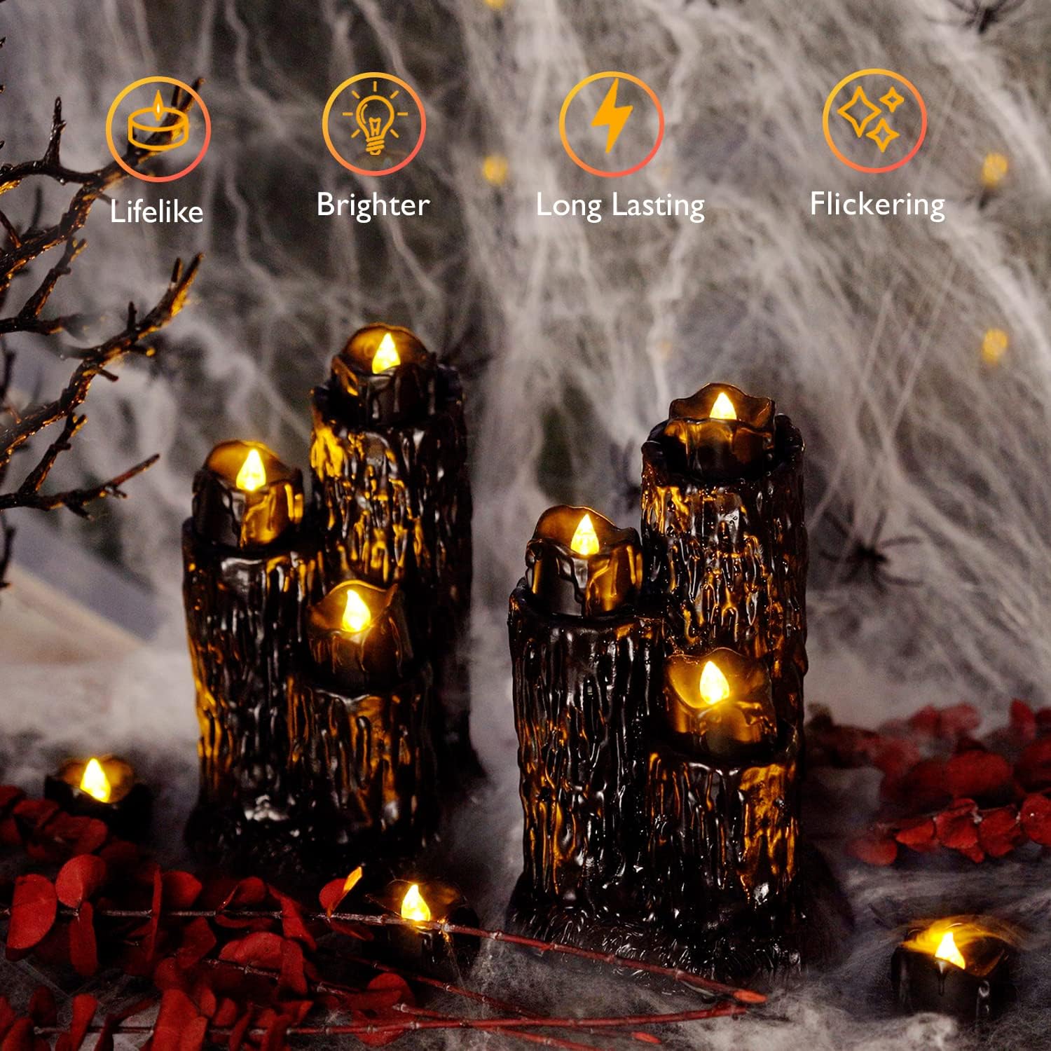 Homemory 24-Pack Flickering Battery Tea Lights – Gothic Black Drip Candles for Haunted House Table Centerpieces & Window Sills
