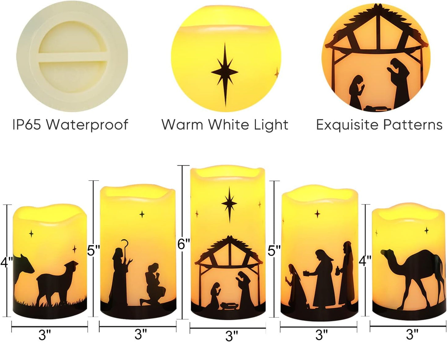 Homemory Weather-Resistant Nativity LED Candles - Patio and Porch Christmas Display, Battery Operated Flameless Set of 5