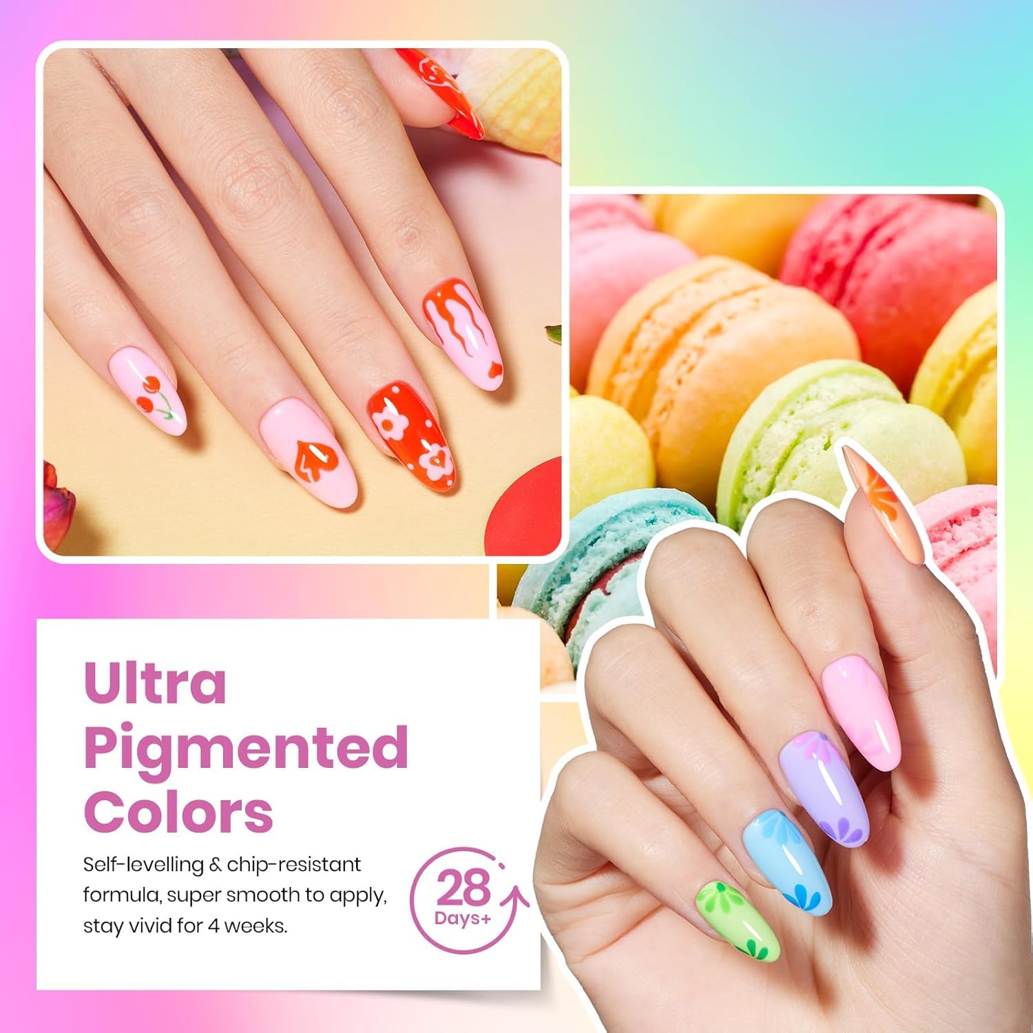 included 7.5ml base coat, glossy top coat, matte top coat, and glitter top coat