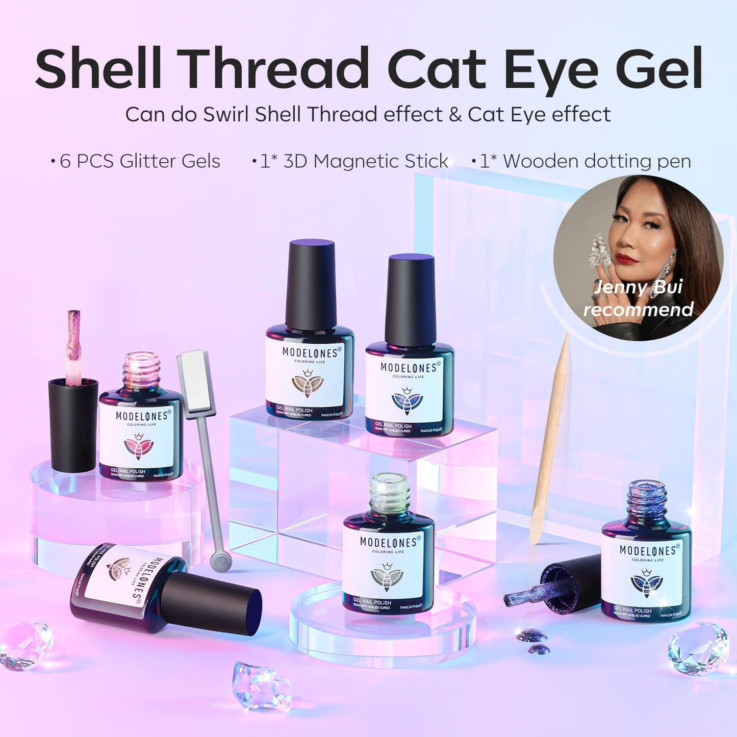 included magnetic stick for cat eye effects and wooden dot pen for texture work
