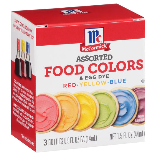 includes 0.5 fl oz bottles of red, yellow, and blue food color in primary trio for full color mixing