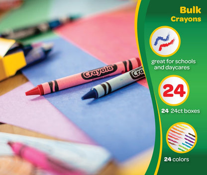 includes 24 standard crayola colors including specialty shades like bluetiful, carnation pink, and cerulean
