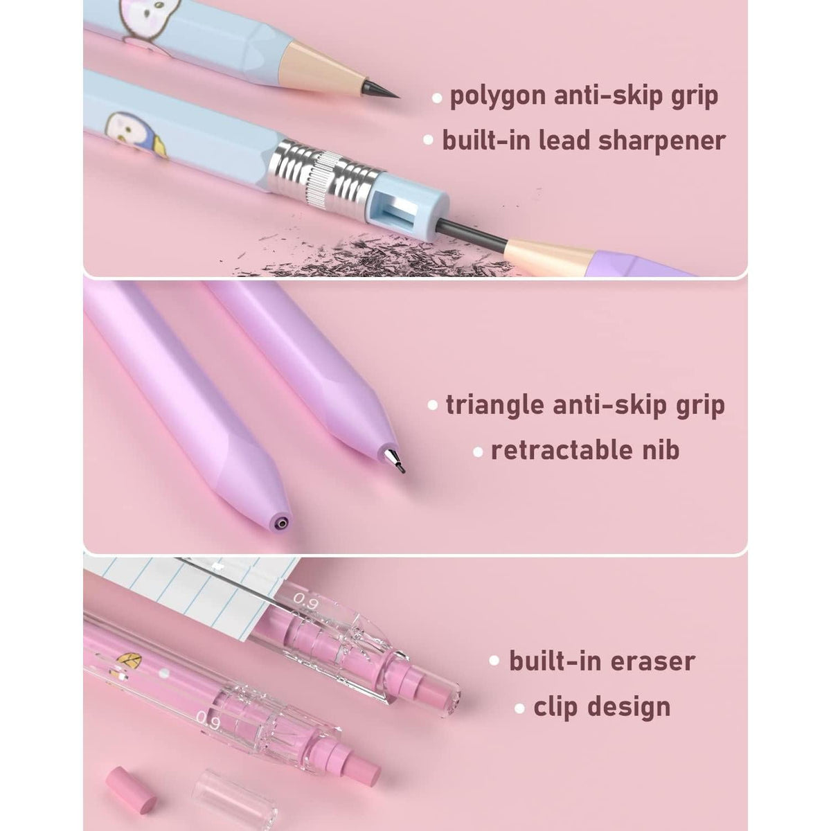 includes 3 erasers, 2 cap eraser refills, and 2 lead sharpeners as a complete maintenance kit