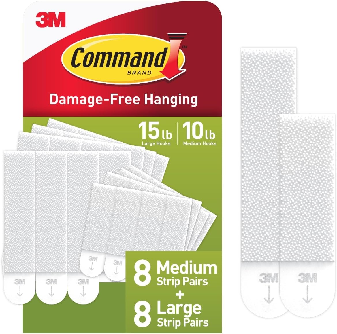 includes 8 pairs of 10 lb medium strips and 8 pairs of 15 lb large strips (16 pairs / 32 strips total)