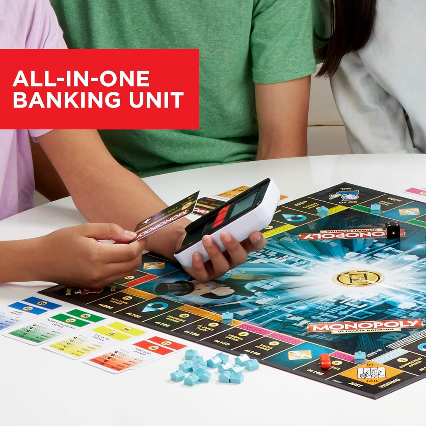includes gameboard, 4 plastic tokens, 22 houses, 2 dice, and game guide; powered by 3 aaa batteries