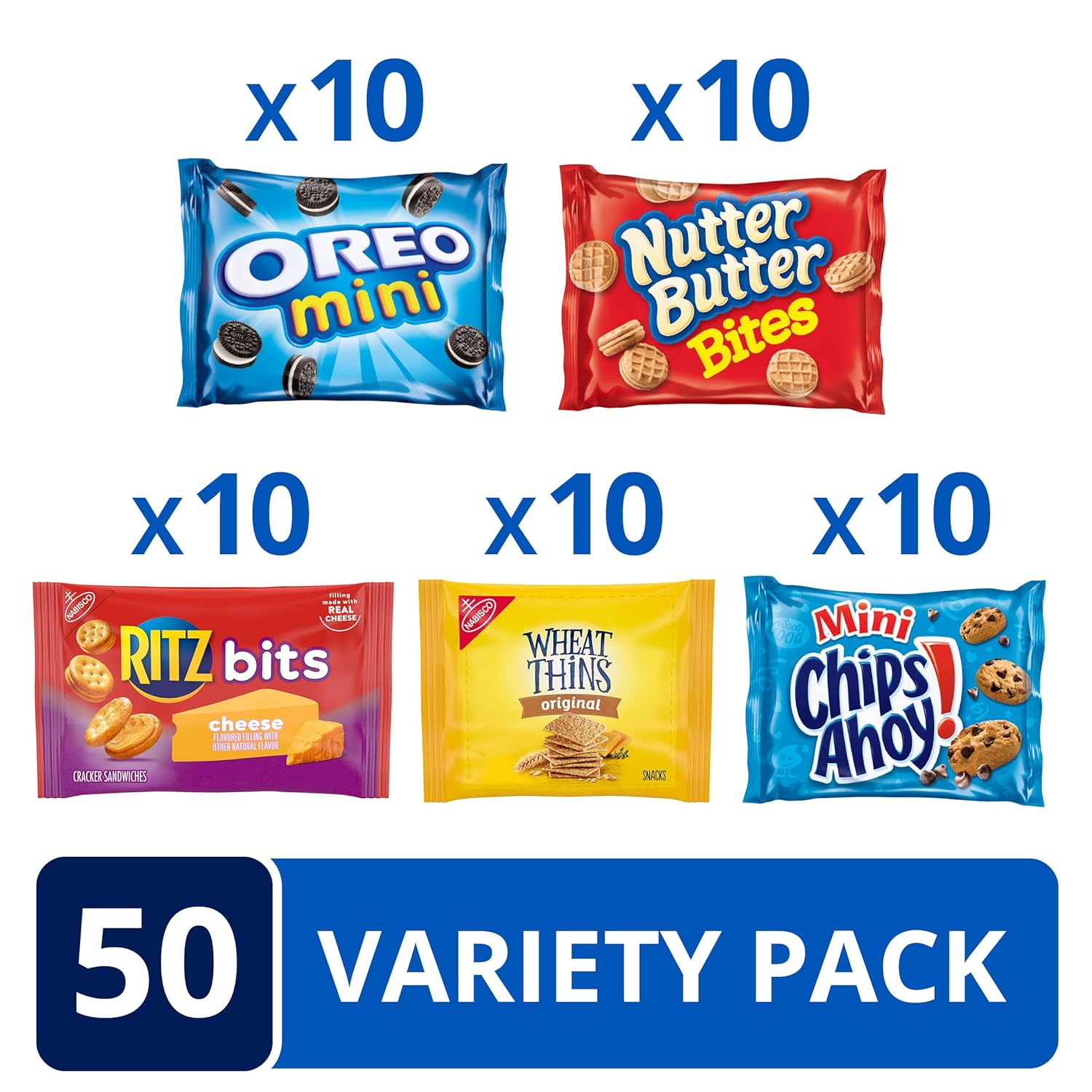 includes mini oreo sandwich cookies, mini chips ahoy! chocolate chip cookies, ritz bits cheese crackers, nutter butter bites, and wheat thins crackers