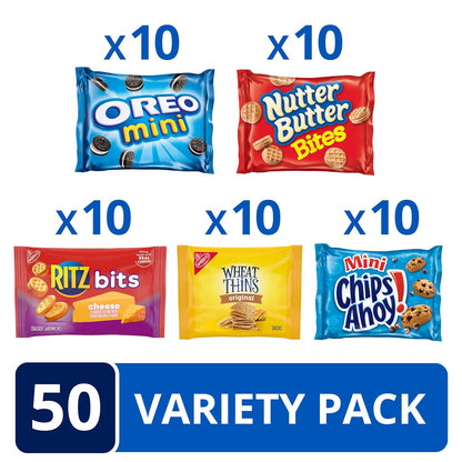 includes mini oreo sandwich cookies, mini chips ahoy! chocolate chip cookies, ritz bits cheese crackers, nutter butter bites, and wheat thins crackers