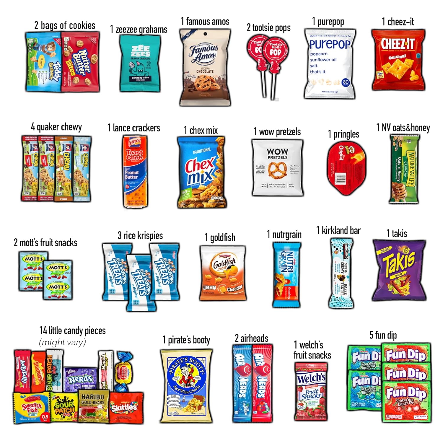 includes recognizable brands of chips, cookies, bars, popcorn, and crackers