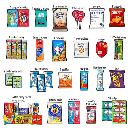 includes recognizable brands of chips, cookies, bars, popcorn, and crackers