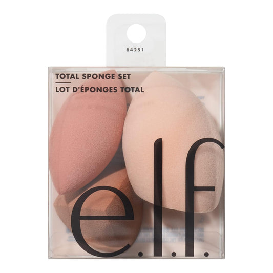 includes three distinct sponges: total face sponge, camo concealer sponge, and contour pyramid sponge