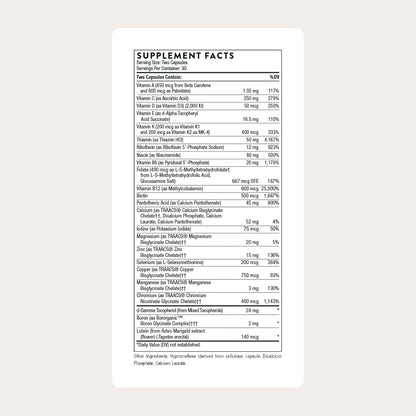 includes vitamins a, b-complex, c, d, e, k1, and k2 plus highly absorbable minerals