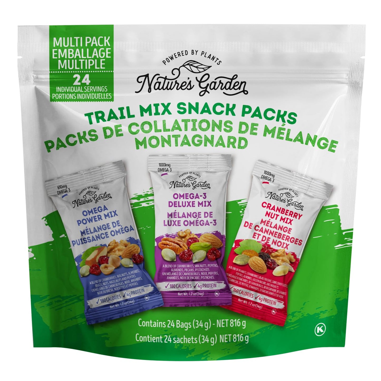ingredient roster of walnuts, almonds, pecans, pistachios, hazelnuts, brazil nuts, peanuts, pumpkin and sunflower seeds, plus raisins and cranberries