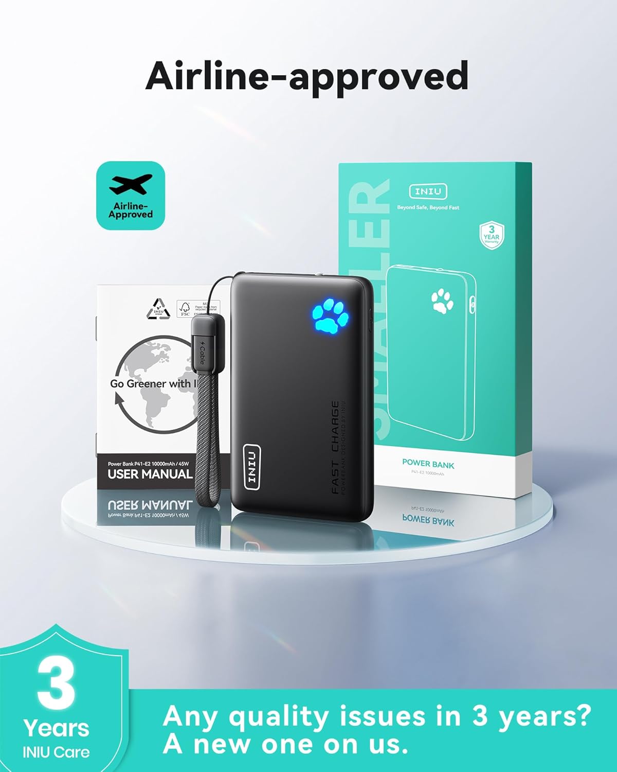 INIU 45W Outdoor Power Bank, 10000mAh Portable Charger for Camping, Hiking, and Festival Weekends with Attached Lanyard Cable
