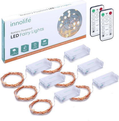 innolife Copper Wire Fairy Lights 6 Pack – Aesthetic Living Room String Lights with Dimmable Remote and Auto Shut-Off