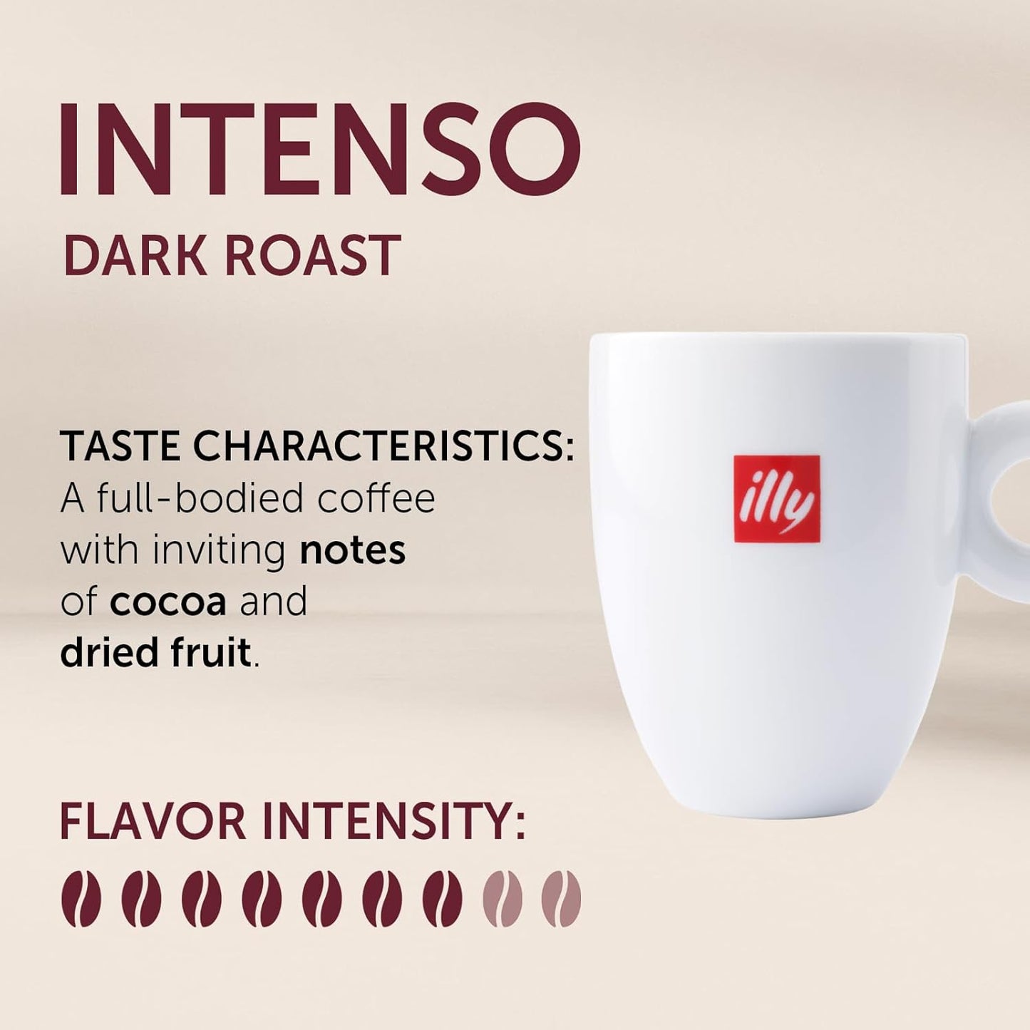 intenso dark roast profile with deep cocoa and dried fruit notes