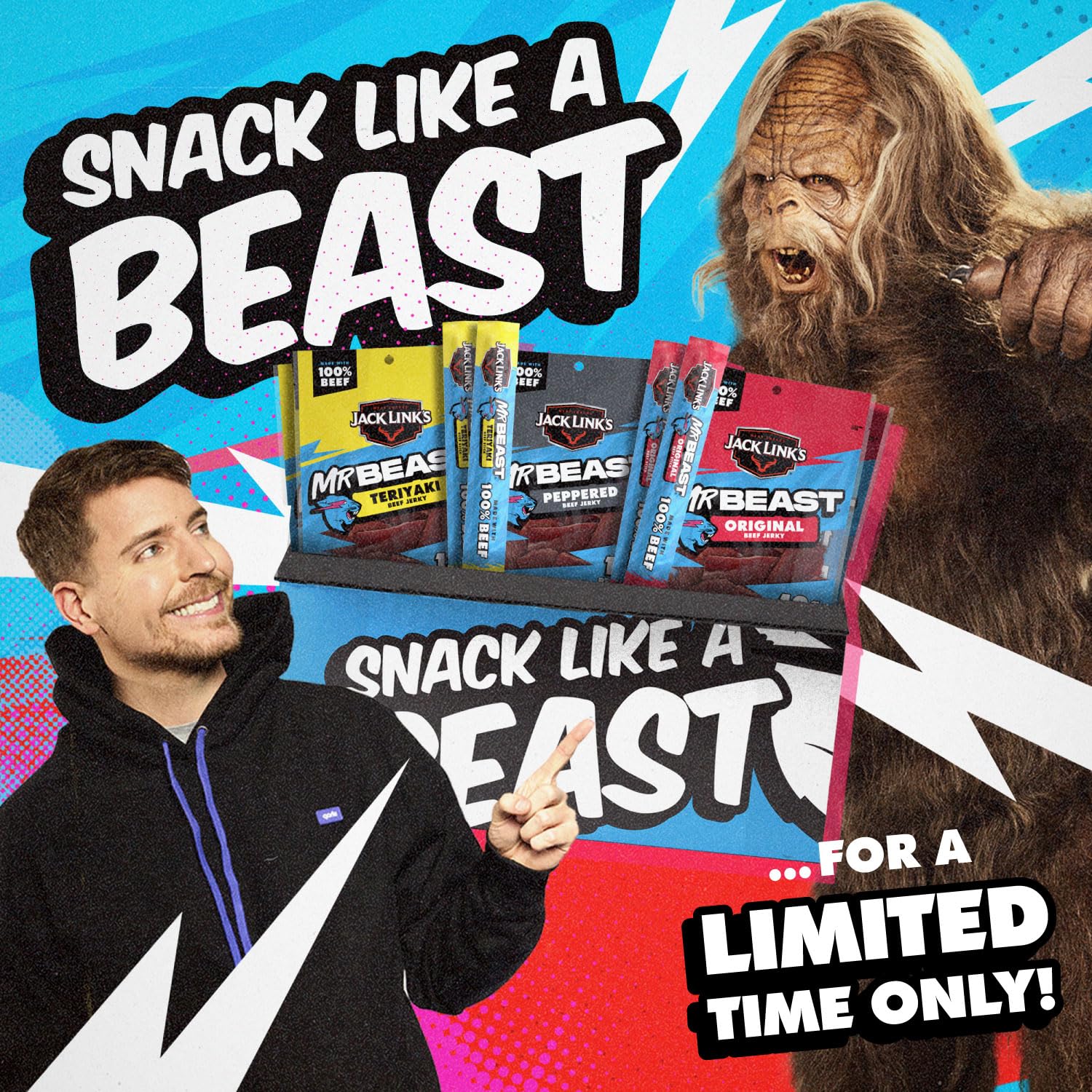 Jack Link's x MrBeast Beef Jerky Variety Box – School Lunchbox Protein Snack for Kids, 9-Count Beef Sticks and Jerky Pack