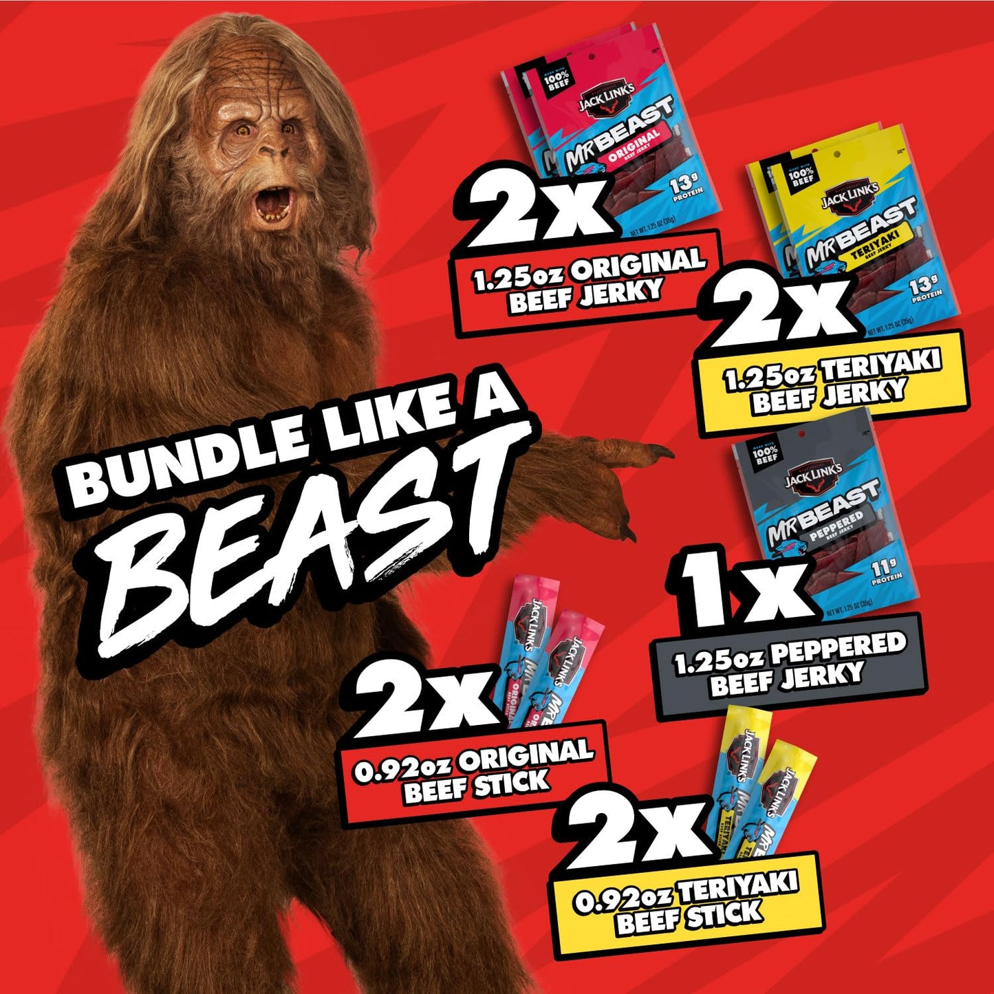 Jack Link's x MrBeast Beef Jerky Variety Box – School Lunchbox Protein Snack for Kids, 9-Count Beef Sticks and Jerky Pack
