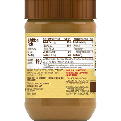 Jif Natural Creamy Peanut Butter Spread and Honey – Clean Label Protein Spread for Meal Prep, 28 oz Jar