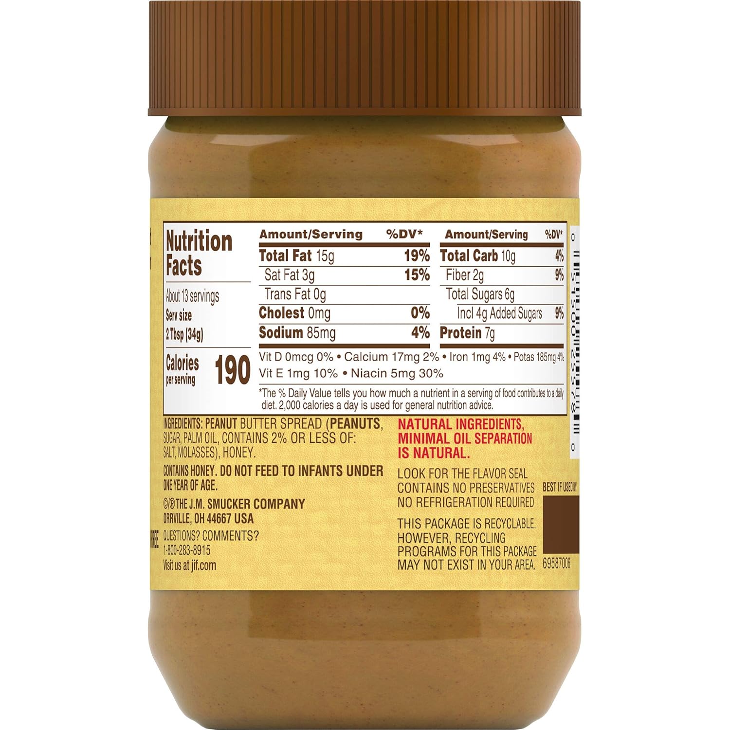 Jif Natural Creamy Peanut Butter Spread and Honey – School Lunch Sandwich Staple for Kids, 16 oz Jar