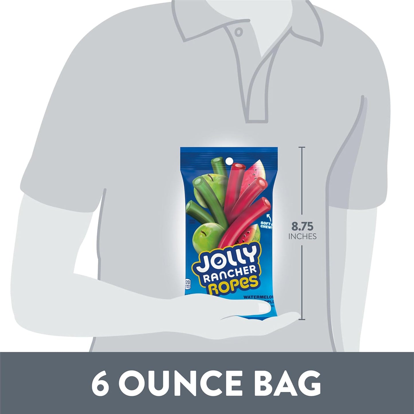 JOLLY RANCHER Ropes Watermelon & Green Apple Chewy Candy Holiday Gift Bag for Stocking Stuffers and Christmas Treats, 6 oz