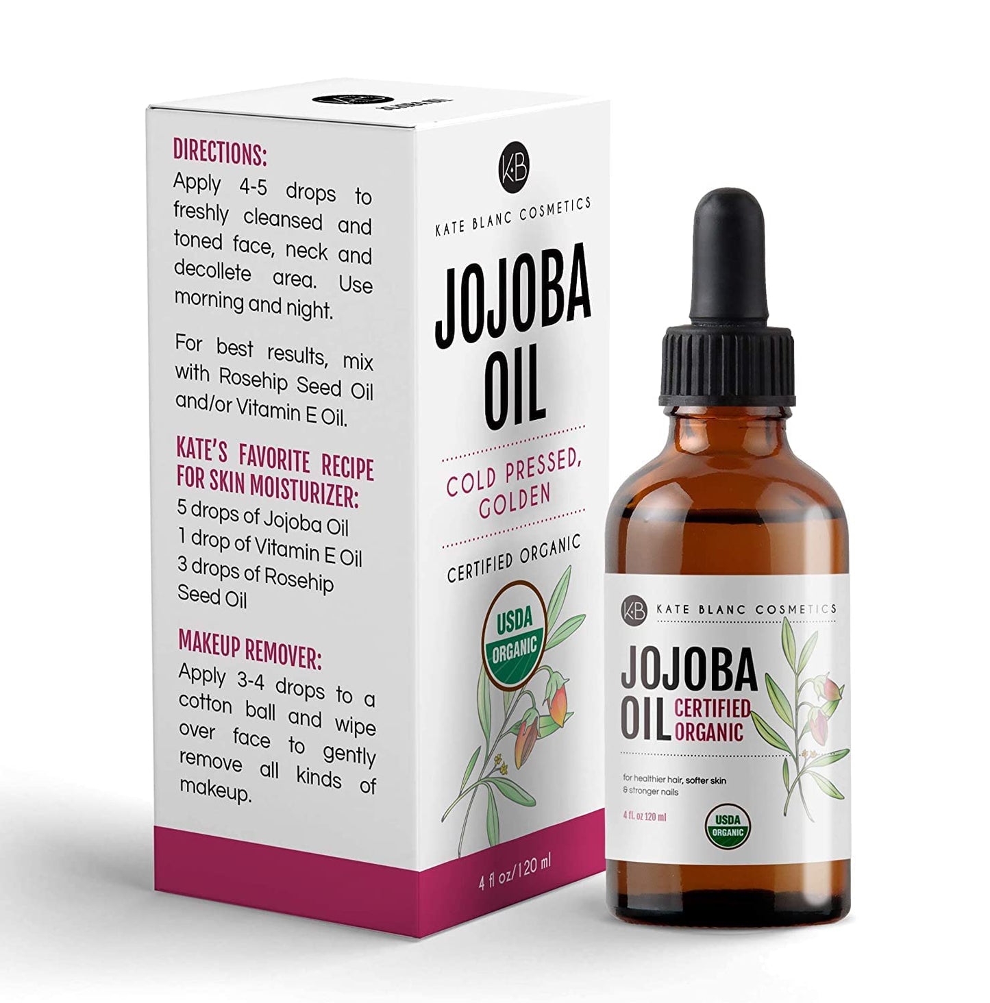 Kate Blanc Cosmetics Organic Jojoba Oil for Self-Care Nightly Face Ritual, 100% Pure Cold Pressed Moisturizer