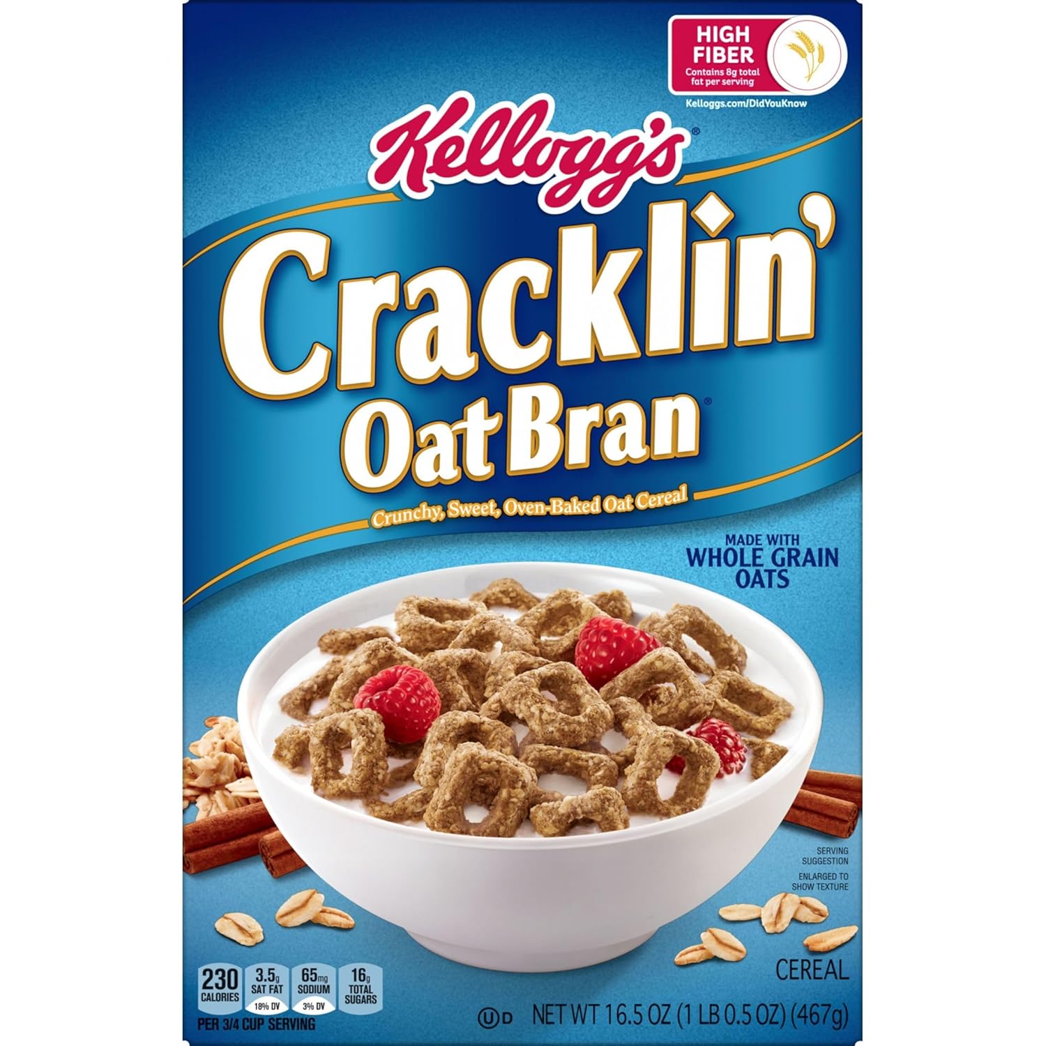 Kellogg's Cracklin' Oat Bran Breakfast Cereal, Fiber Cereal, Family Cereal, Original (3 Boxes) – Portable Snack for Camping and Travel