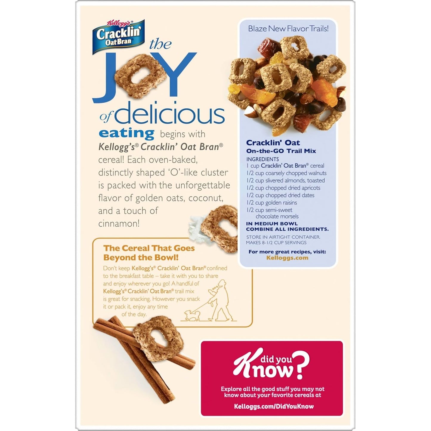 Kellogg's Cracklin' Oat Bran Breakfast Cereal, Fiber Cereal, Family Cereal, Original (3 Boxes) – Portable Snack for Camping and Travel
