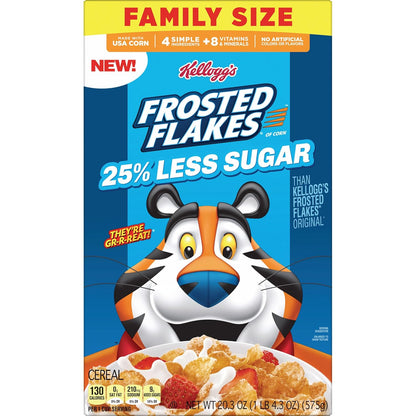 Kellogg's Frosted Flakes 25% Less Sugar Cereal, Lower-Sugar Adult Breakfast for Mindful Morning Routines and Coffee Pairings