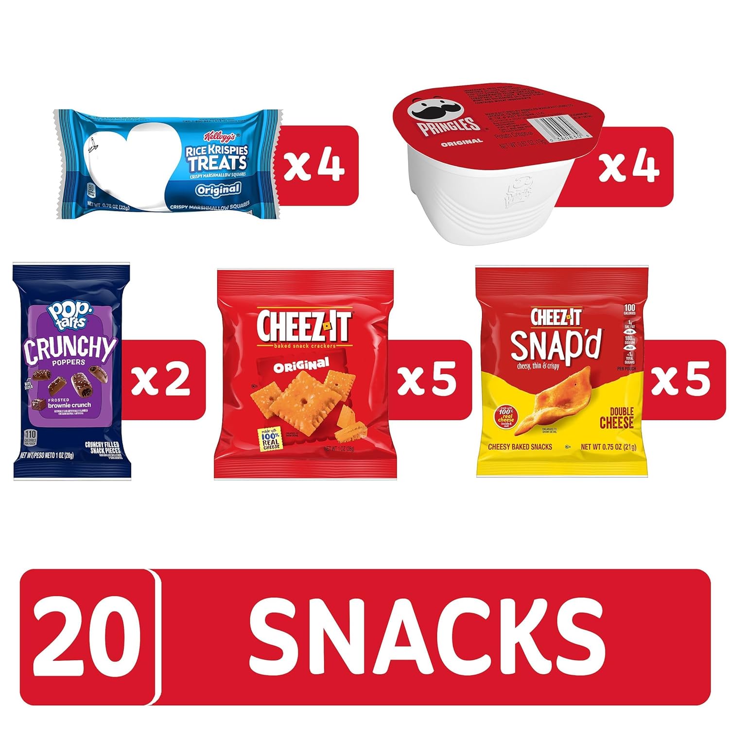 Kellogg's Snack Variety Pack – Office Desk Drawer Essentials for Salty and Sweet Cravings, 20 Single-Serve Portions