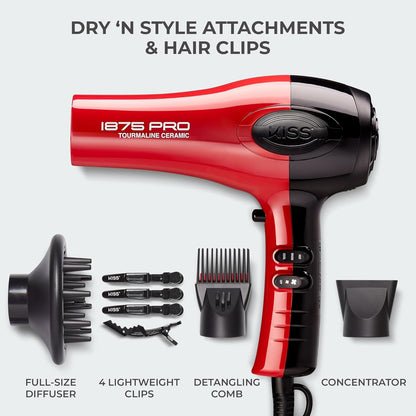 KISS 1875W Pro Tourmaline Ceramic Hair Dryer Kit - Birthday Gift for Her, Complete Blow Dryer Set with Diffuser and Accessories