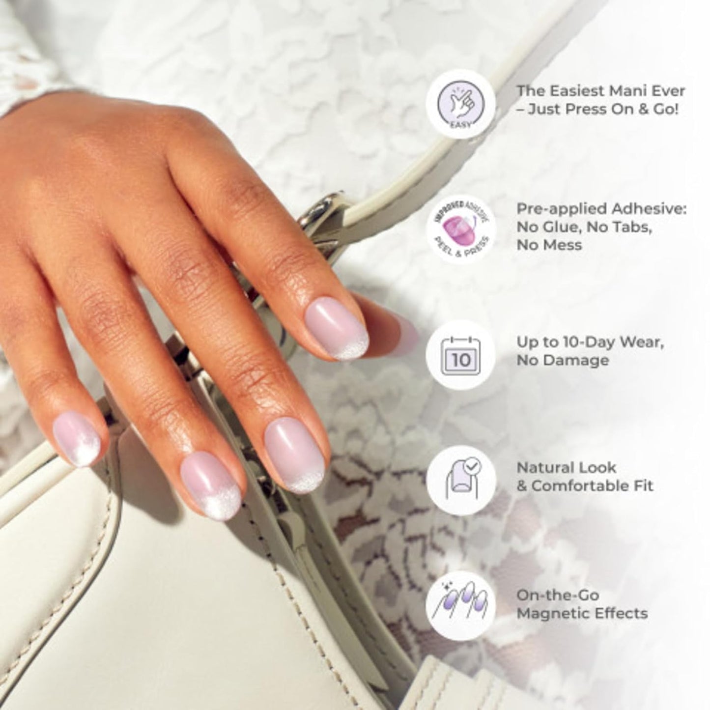 KISS imPRESS Press On Nails Satellite – Designer Chrome Pink Manicure Kit, Salon-Quality Short Squoval No Glue Finish