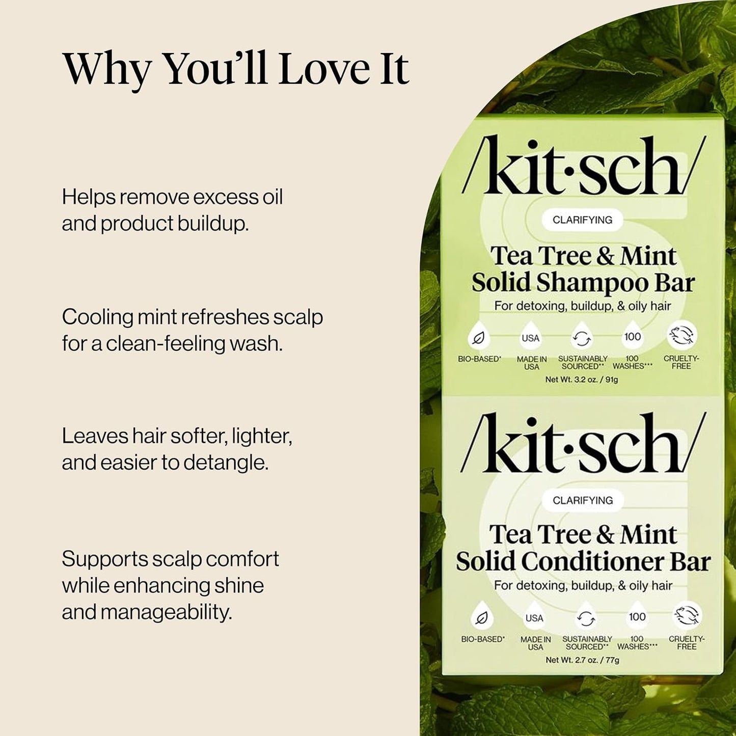 Kitsch Clarifying Tea Tree Shampoo and Conditioner Bar Set – Cooling Scalp Care for Mindful Bath Time Rituals
